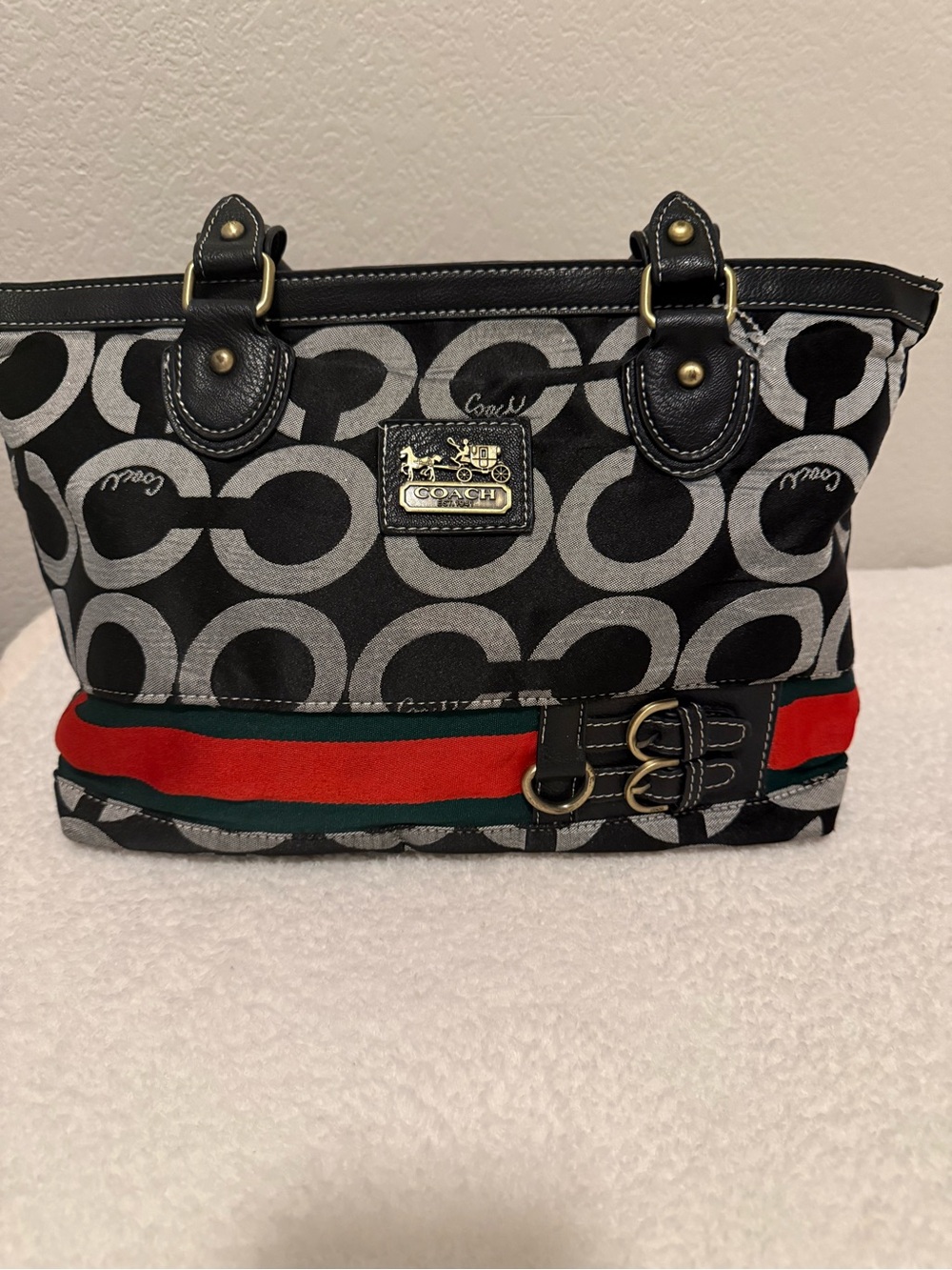Black & Gray Signature Tote with Red and Green Stripe